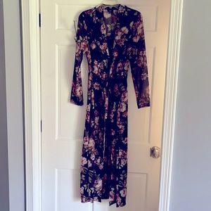 Long belted black mesh tunic w/ pink rose pattern